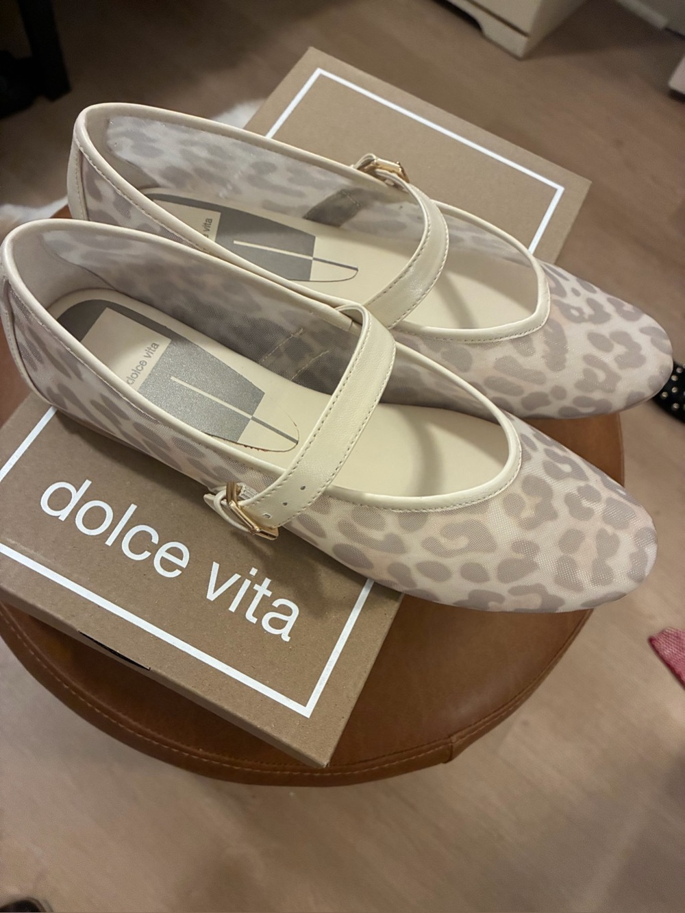 NIB Dolce Vita Roslyn White Leopard Mesh Mary Jane Flats Size 8.5